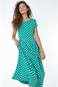 Green Stretch Jersey Spot Midi Dress