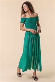 Green Shirred Spot Print Bardot Dress