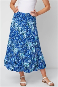 Blue Tropical Print Crinkle Midi Skirt