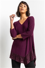 Purple Asymmetric Lace Hem Jersey Top