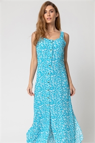 Turquoise Ditsy Floral Button Through Dress