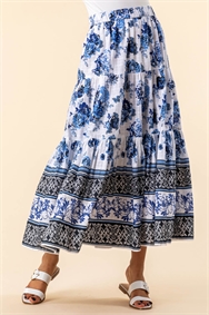 Blue Floral Contrast Print Tiered Cotton Skirt