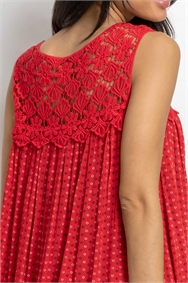 Red Ditsy Print Lace Yoke Swing Dress