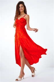 Orange Satin Ruffle Detail Jacquard Midi Dress