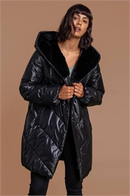 Black Hooded Long Quilted Coat