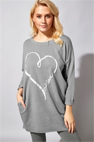 Grey Foil Heart Pocket Sweater Top
