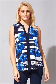 Blue Contrast Stripe Floral Vest Top
