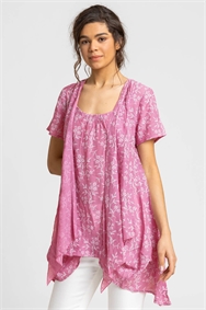 Mauve Floral Print Crinkle Tunic Top