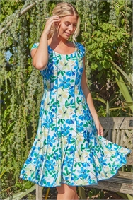 Blue Floral Garden Print Panel Dress