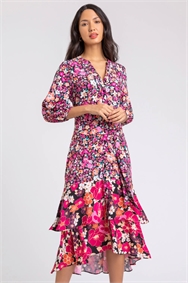 Pink Mixed Floral Frill Hem Midi Dress