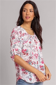 Pink Broderie Floral Print Button Top