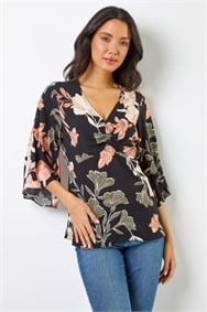Black Tropical Print Ruched Tunic Top