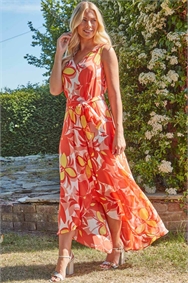 Orange Floral Print Dipped Hem Midi Dress