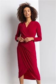 Wine Fitted Jersey Wrap Dress