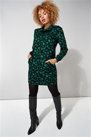 Green Spot Print Cowl Neck Dress