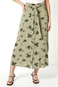 Khaki Floral Print Button Front Skirt