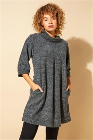 Grey Tweed Cowl Neck Pocket Dress