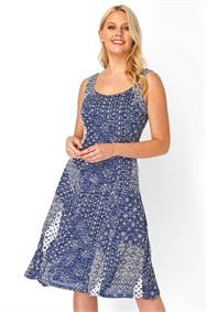 Blue Patchwork Print Fit and Flare Dress 