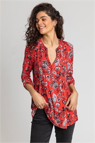 Red Paisley Floral Pintuck Jersey Shirt