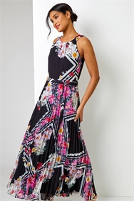 Black Floral Border Print Pleated Maxi Dress
