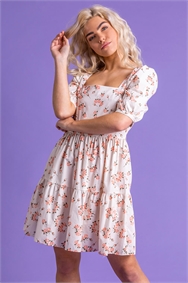 Coral Tiered Rose Print Dress