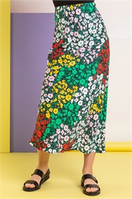 Multi Contrast Floral Print Midi Skirt