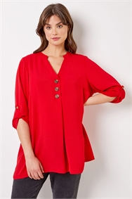 Red Curve Button Detail Tunic Top