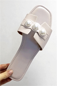 Beige Pearl Detail Sliders Sandals