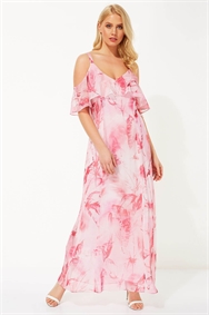 Pink Feather Print Cold Shoulder Maxi Dress