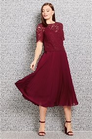 Wine Lace Top Overlay Pleated Midi Dress