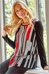 Red Double Layer Contrast Stripe Top