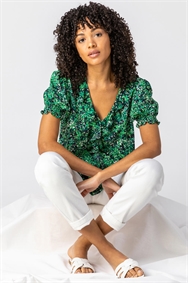 Green Floral Print Frill Detail Blouse