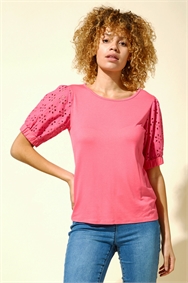 Pink Broderie Puff Sleeve T-Shirt