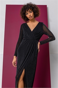 Black Shimmer Wrap Fitted Maxi Dress