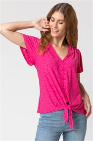 Fuchsia Broderie Stretch Jersey Tie Front Top