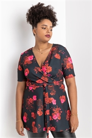 Red Curve Floral Print Wrap Top