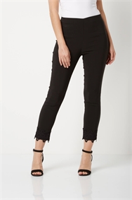 Black Cropped Stretch Trousers with Lace Hem