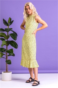 Lemon Spot Print Frill Hem Midi Dress