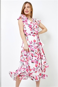 Pink Petite Floral Chiffon Frill Wrap Dress