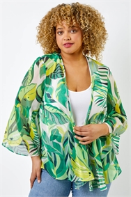 Lime Curve Tropical Leaf Print Kimono