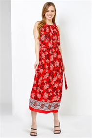 Red Petite Floral Print Halter Neck Dress