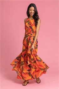 Orange Floral Print Tie Waist Maxi Dress