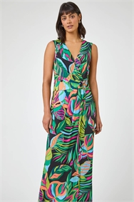 Green Tropical Print Belted Wrap Dress