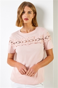 Light Pink Lace Detail Jersey T-Shirt