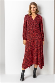 Red Floral Print Pleat Detail Midi Dress