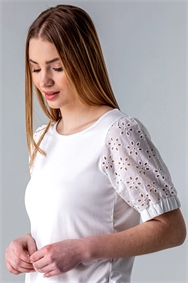 Ivory Broderie Puff Sleeve T-Shirt