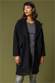 Black Single Breasted Longline Textured Coat