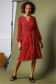 Red Animal Print Belted Wrap Dress