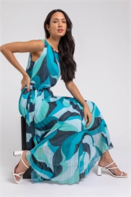 Turquoise Abstract Print Pleated Maxi Dress