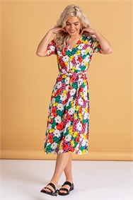 Multi Bold Floral Midi Wrap Dress